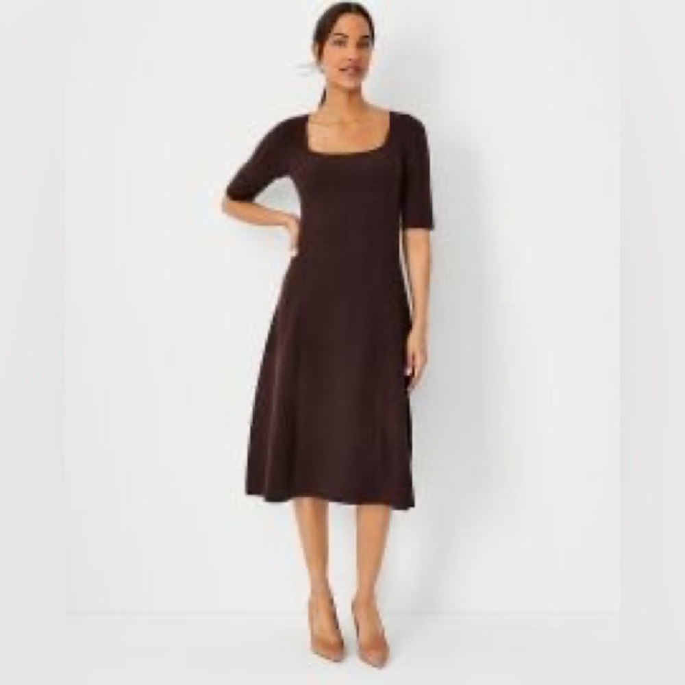 Ann Taylor Chocolate brown Midi Short Sleeve Square Neck Sweater Dress